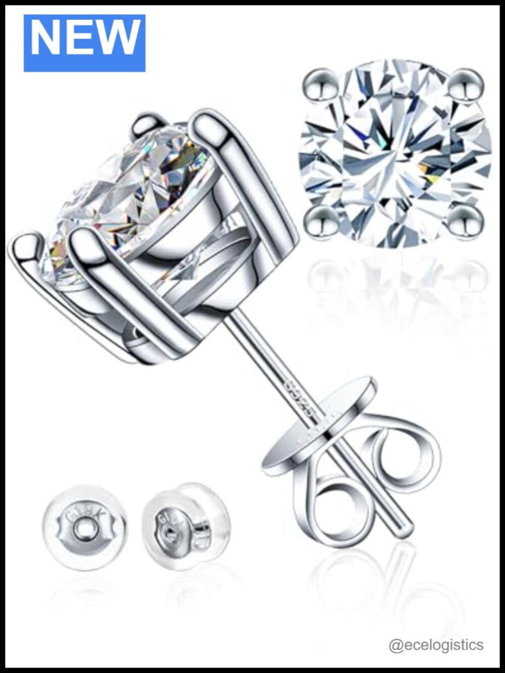 8mm Moissanite Stud Earrings 18K White Gold Plated Sterling Silver 4ct